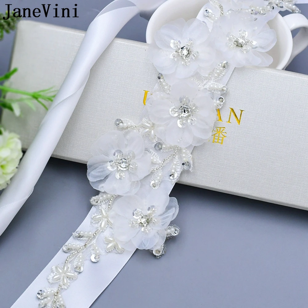 JaneVini Luxury Rhinestones Wedding Belt Crystal and Pearl Handmade 3D Flowers Bridal Women Belts for Dresses Ribbon Brautgürtel