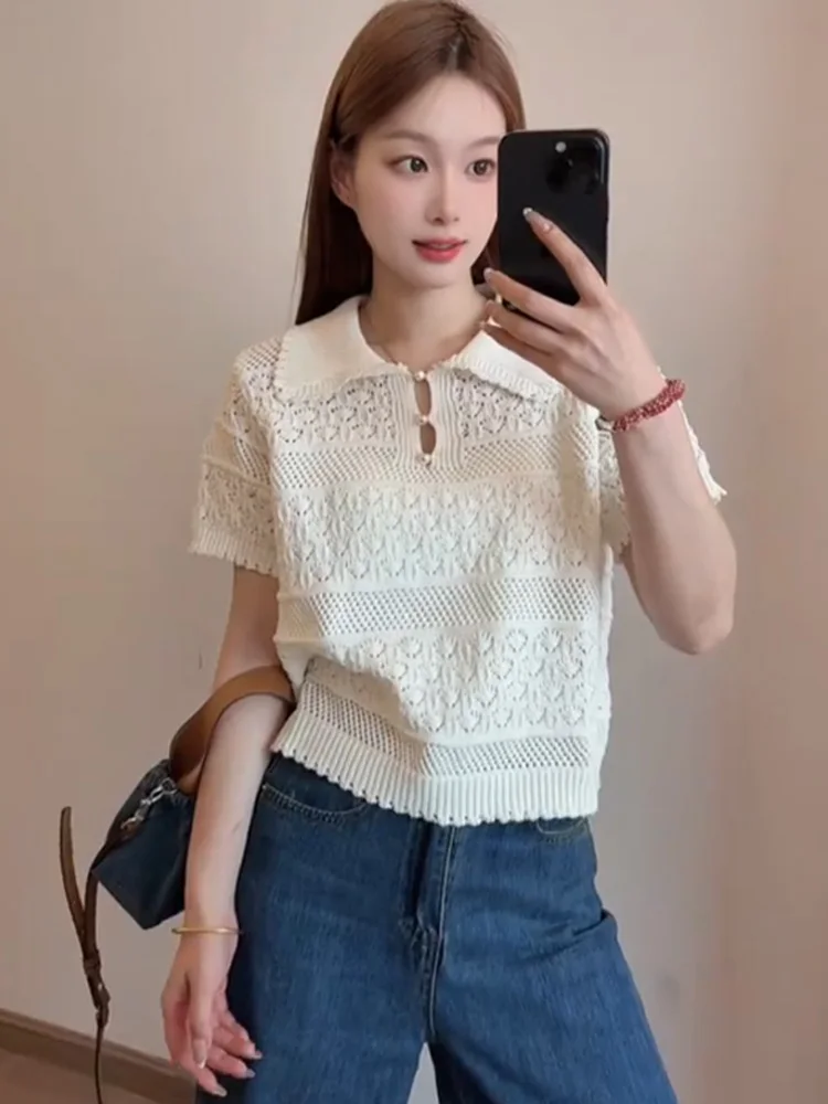 

Korean Style Commuter Versatile Hollow out Knitwear Short Sleeve Overhead Women's Fashionable Summer New Arrival Top