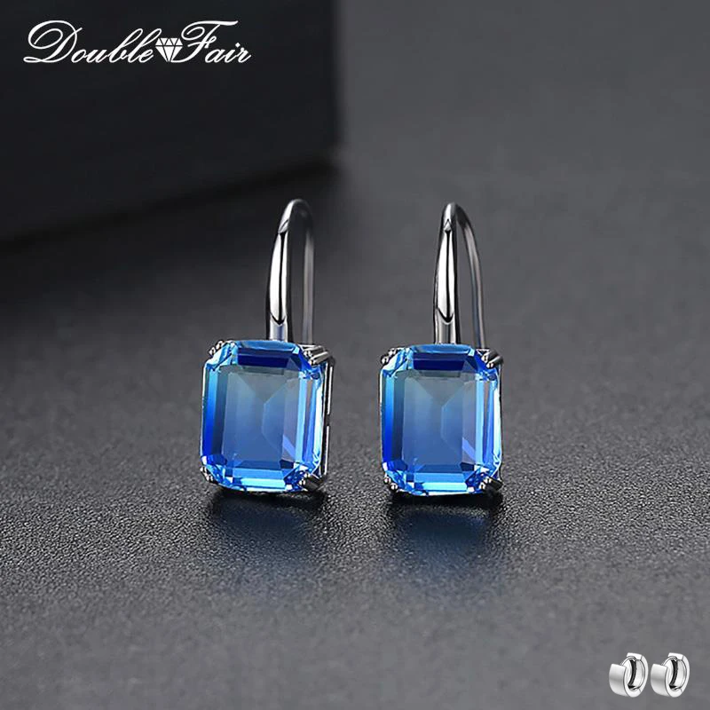 Piercing Exquisite Blue Crystal Dangle Earrings for Women Squares Zirconia Wedding Engagement Jewelry for Bridal Fashion Jewelry