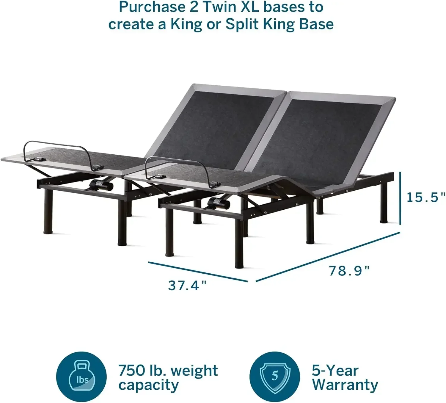 Adjustable Base Bed Frame with Head and Foot Incline Wireless Remote Control Premium Quiet Motor Twin XL size Charcoal