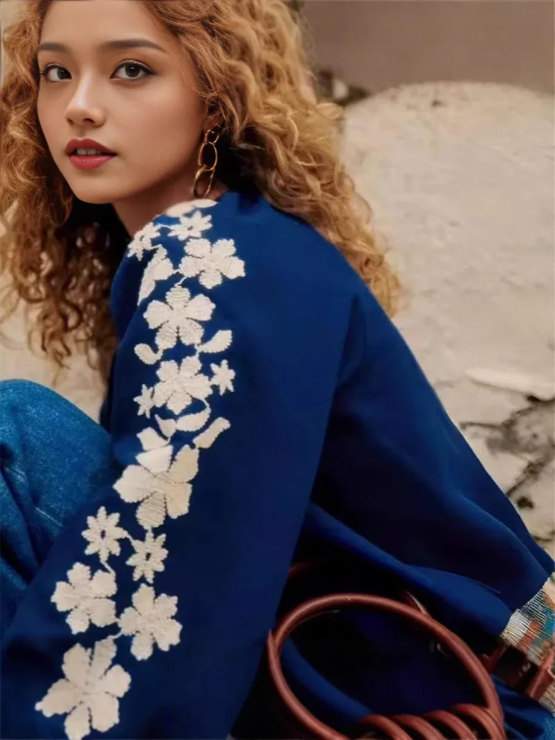 

Французский Sle Long Sve Вышитый тяжелый рабочий круглый Ne f Открытый воротник на одной пуговице Royal Blue Хлопок Женский irt