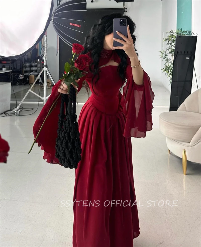 Red A-line Chiffon Formal Occasion Evening Dresses High Neck vestidos de fiesta Arabic Full Sleeves Dubai Porm Dresses 2 Pieces