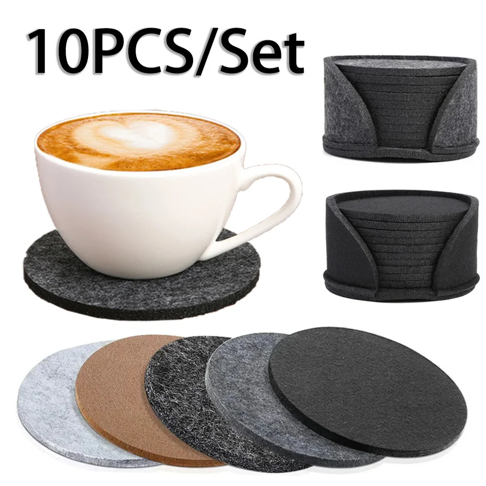 10pcs Round Felt Coaster Dining Table Protector Pad Heat Resistant Cup Mat Coffee Tea Hot Drink Mug Placemat Kitchen Accessories