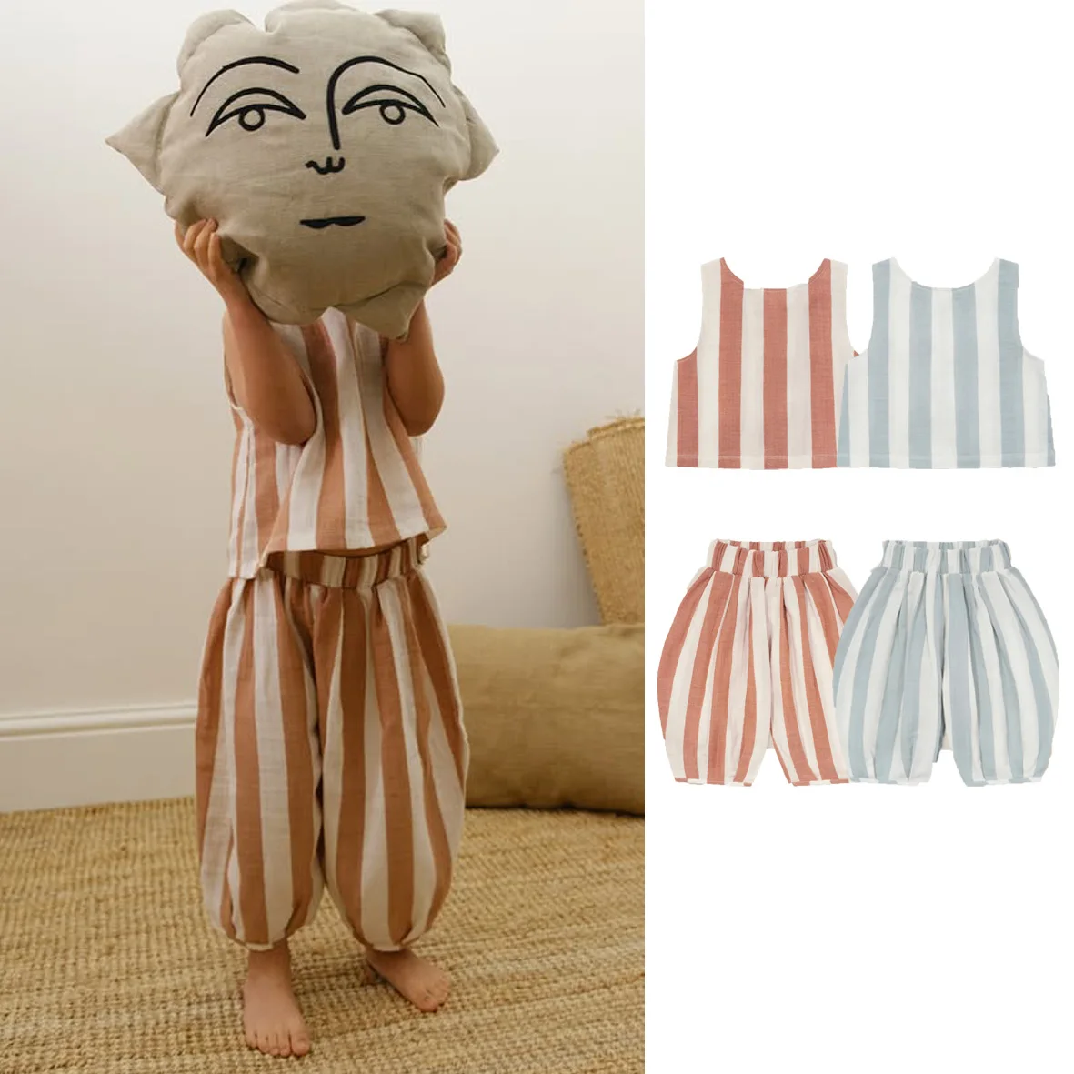 

European And American Style Cool Cotton Linen Baby Summer 2025 New Vest Pants Set For Male And Female Baby High Waisted Pants