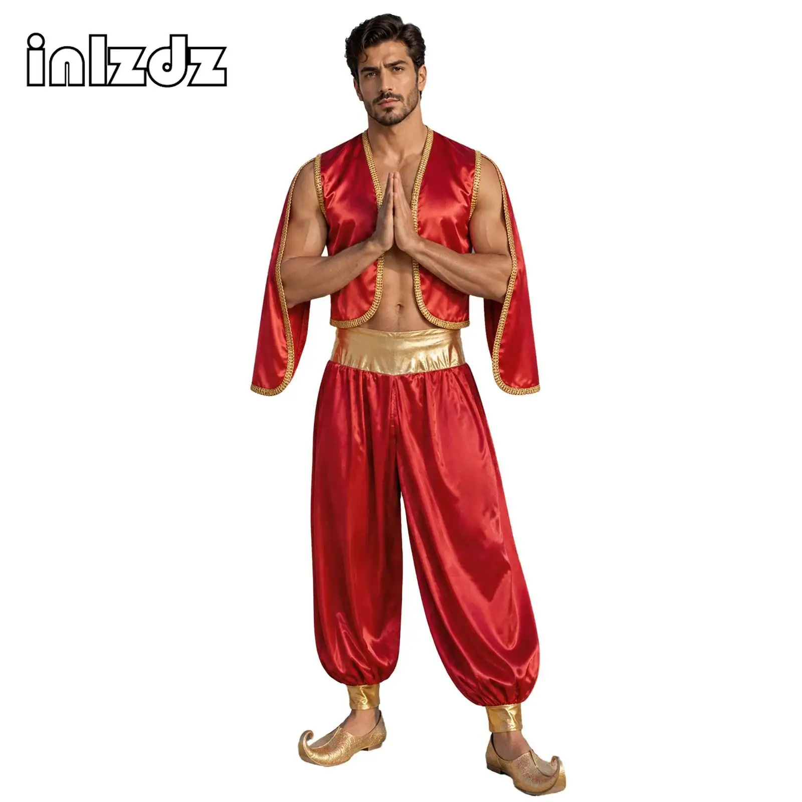 Trajes de cosplay de príncipe árabe para Halloween, inspirados en mitos indios, con chaleco de satén y detalles dorados, y pantalones con forma de linterna. Disfraces árabes.