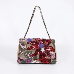 HIGHFOCAL Women Straw Sequin Underarm Flower Pattern Bag Large Capacity New Style Braided Chain Crossbody Border Shoulder Bag C1
