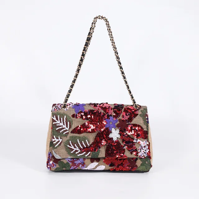 HIGHFOCAL damska słomiana cekinowa torba pod pachami wzór kwiatowy o dużej pojemności w nowym stylu pleciony łańcuszek Crossbody torba na ramię z obramowaniem C1