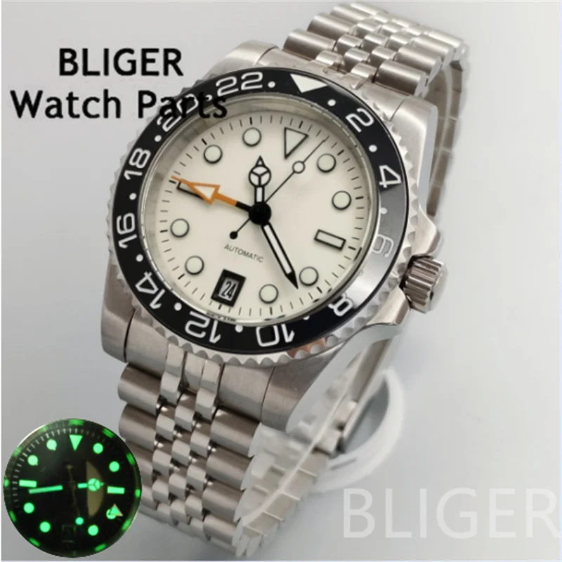 BLIGER 40 мм синие, зеленые, черные, белые часы для мужчин NH34 GMT механические наручные часы со светящимся циферблатом, сапфировое стекло, 6 часов