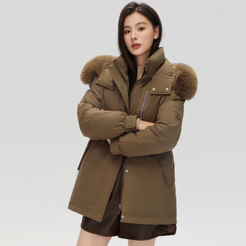 Parka com capuz à prova de vento feminino com gola de pele, jaqueta acolchoada de algodão grosso, casacos coreanos quentes, roupas finas de inverno, novas