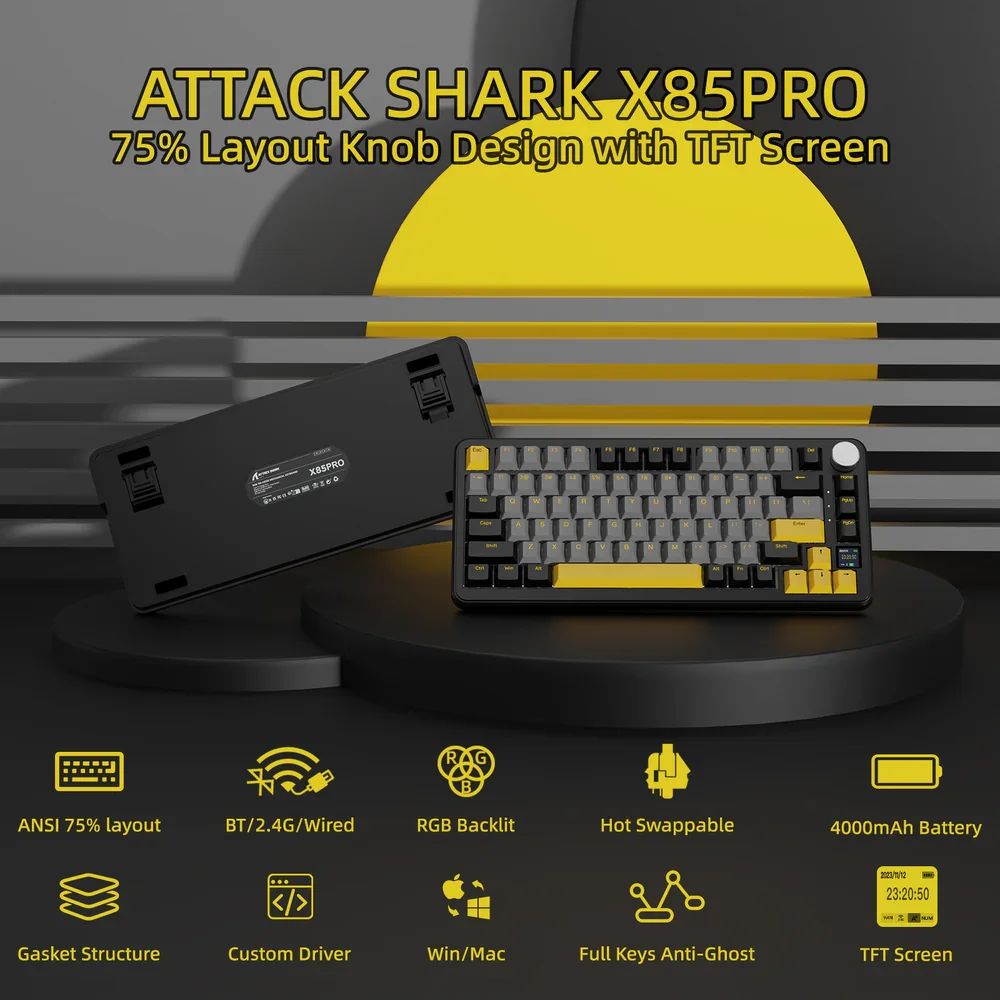 

ATTACK SHARK X85Pro Hot Swappable Mechanical Gaming Keyboard Display&Knob BT5.1/2.4Ghz/USB-C,RGB,75% Custom Keyboard PBT Keycaps