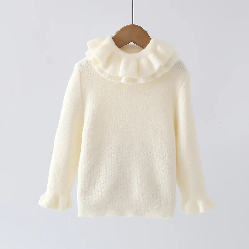 New Brand Designer Double Ruffle Collar Girls Knit Sweater Nice Flared Cuffs Long Sleeve Solid Girls Children Base Shirt JY09202 4