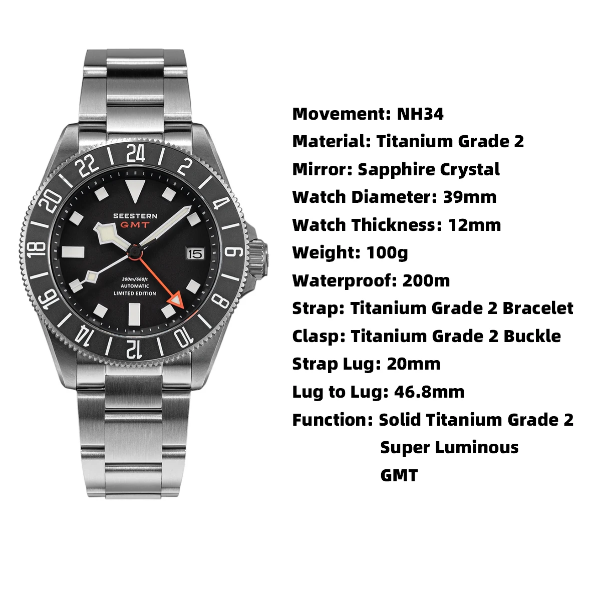 SEESTERN Diver Man นาฬิกาไทเทเนียมอัตโนมัติ GMT นาฬิกาข้อมือ NH34 การเคลื่อนไหว Sapphire คริสตัล 20ATM กันน้ํา Lume S462