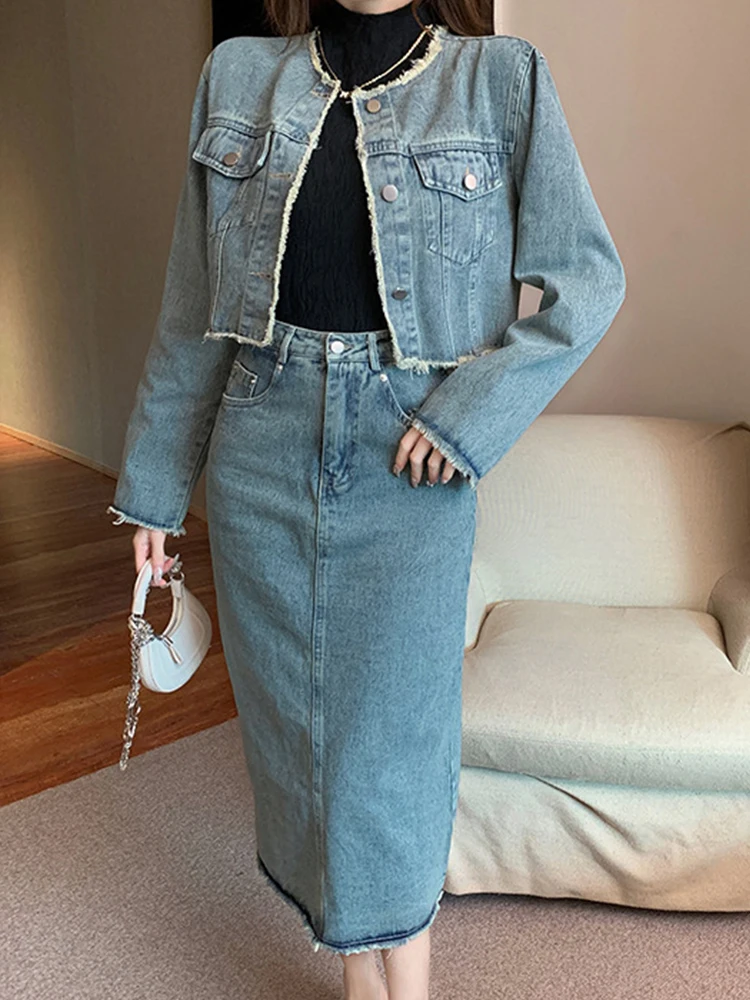 Fashion Elegant Denim 2 Pieces Outfits Women Casual Long Sleeve Tops Coat Jacket Tops Midi Skirt Sets Mujer High Street Clothes