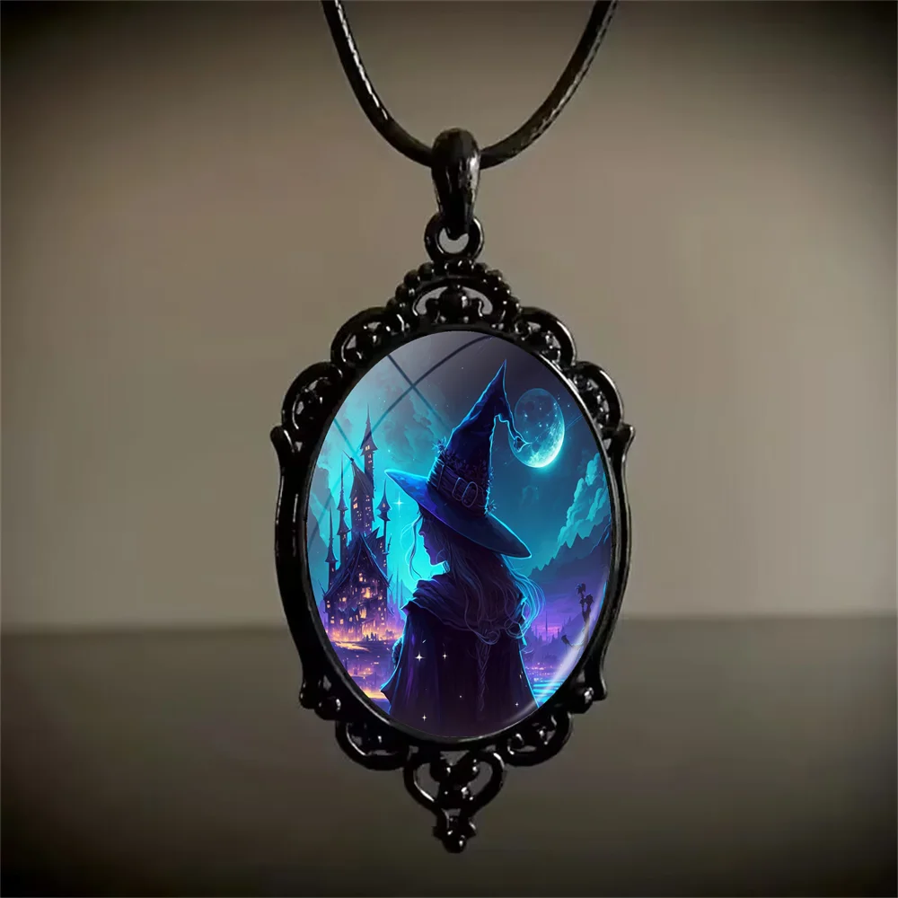 1PC retro Gothic Witch Swimming Black Oval Necklace Witch Halloween Pendant Necklace Gift