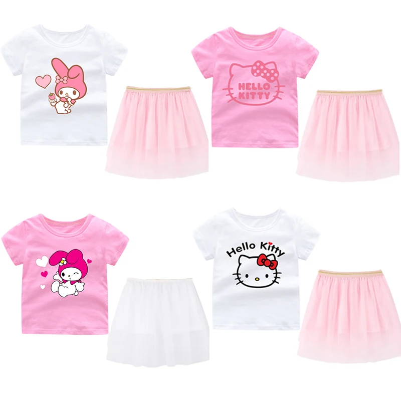 Sanrios Hellokittys My Melody Cotton Color Baby T-Shirt Gauze Skirt Suit Summer Diy Graffiti Design Cartoon Cute Kids Set Gifts