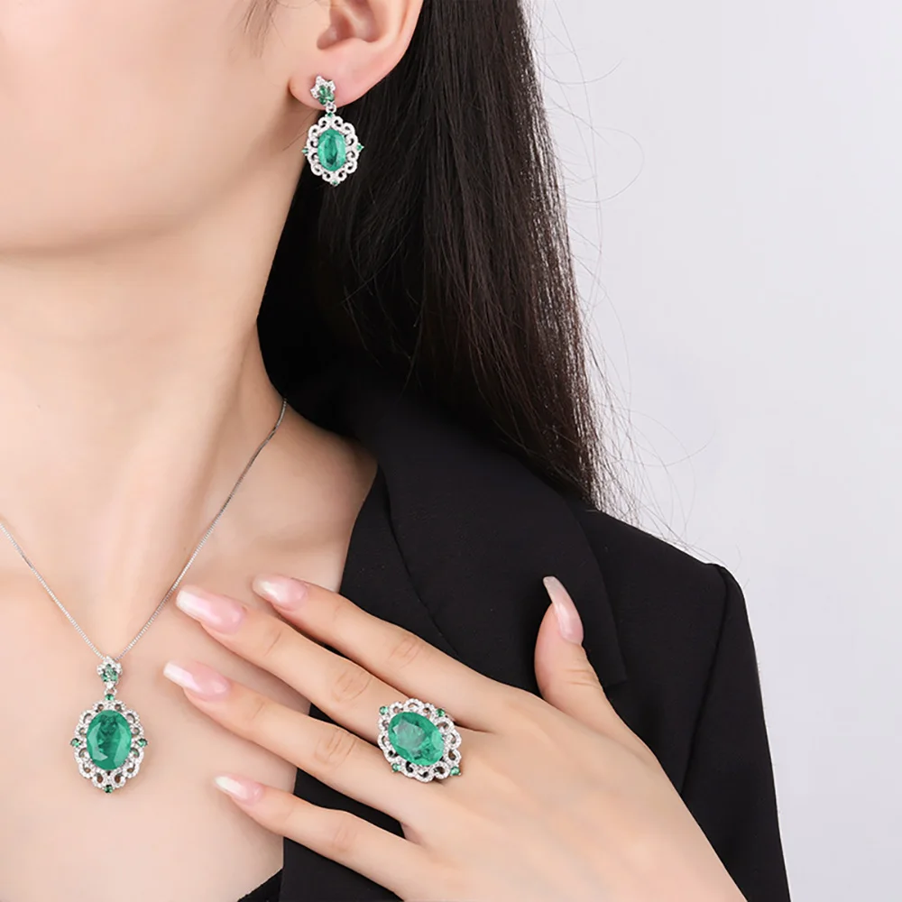 Retro 13*18mm Emerald Gemstone Necklace Pendant Ring Earrings Lab Diamond Wedding Party Women Fine Jewelry Sets Anniversary Gift