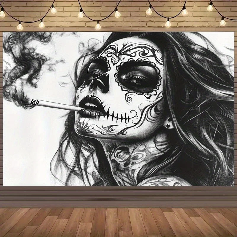 Day of the Dead Sugar Skull Woman Smoking Tapestry Gothic Aesthetic Room Decor with Floral Artistic Wall Art for Halloween