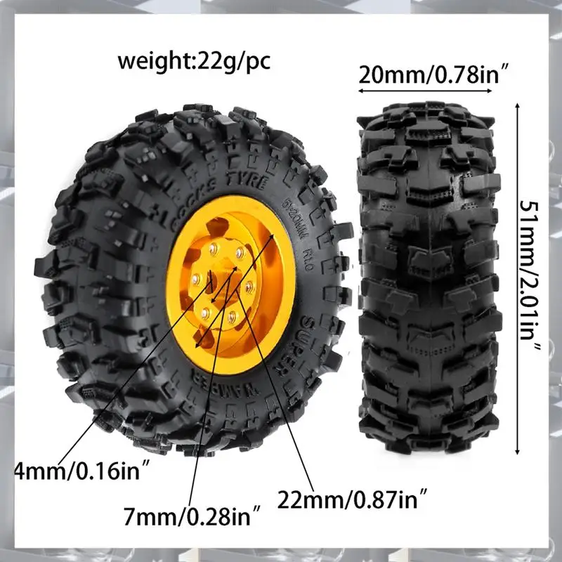 A84F-4 個 51 ミリメートル金属ビードロックホイールリムゴムタイヤセット FCX24M ラクダカップ 1/24 RC クローラー車のアップグレードパーツアクセサリー