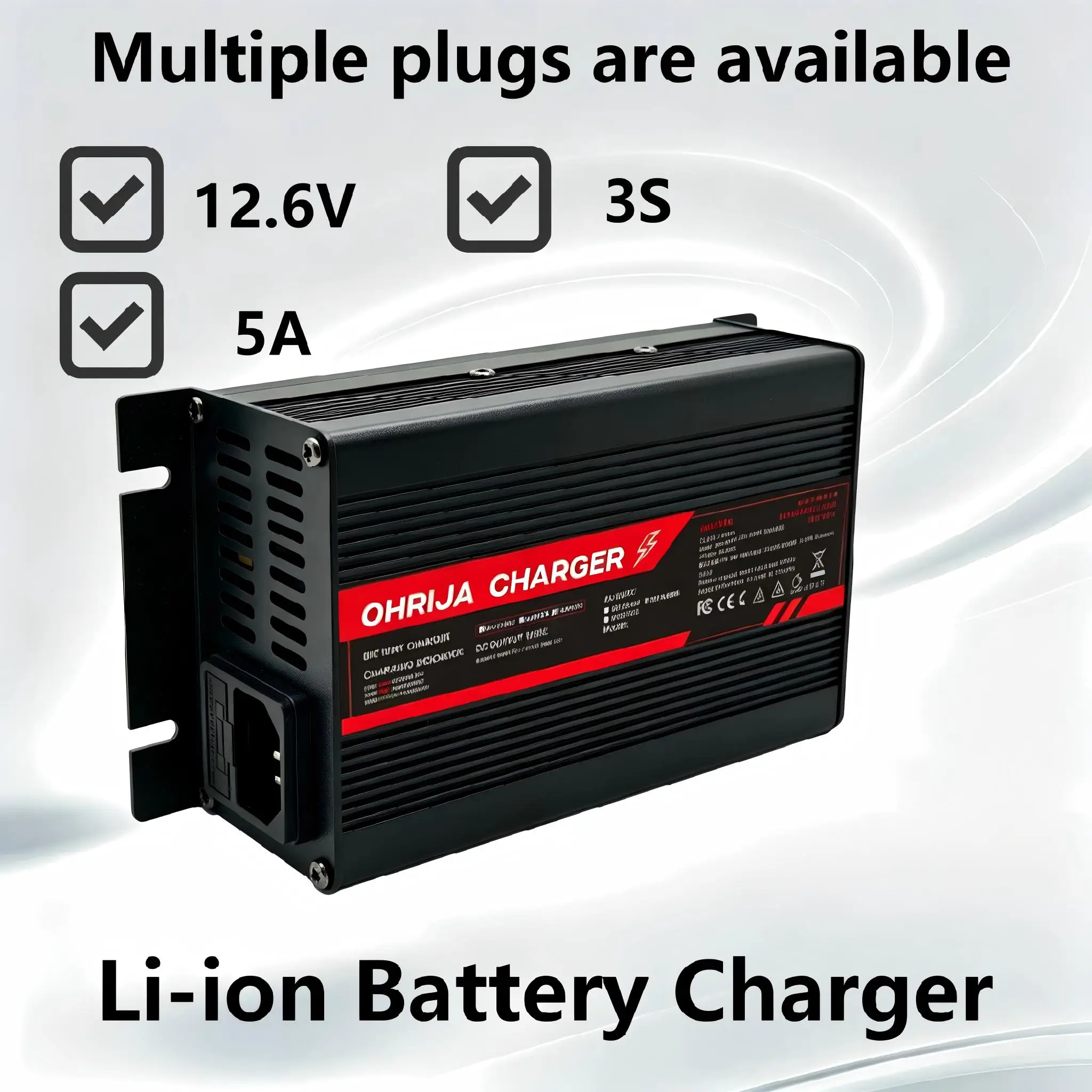 OHRIJA 12.6V 5A charger quick aluminum shell suitable for 3S 11.1V Lithium Battery Charger detachable connector plug is optional