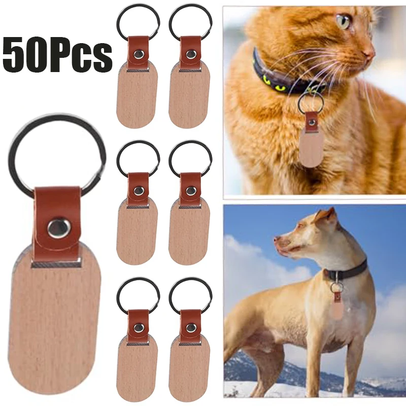 50 Pcs Unfinished Wood Key Fob Blanks with Leather Tab & Metal Key Ring, Round Oval Rectangle Shapes