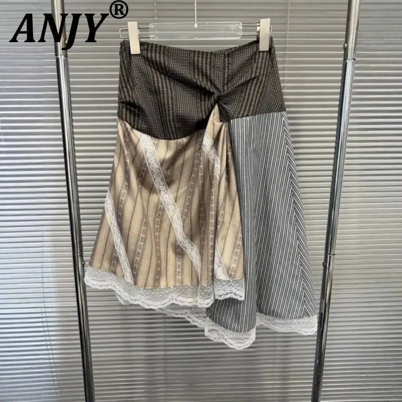 

ANJY Spring Summer New Women Fashion Design Plaid Striped Lace Patchwork Irregular Skirt Niche Stylish Tide Casual Skirts A23752