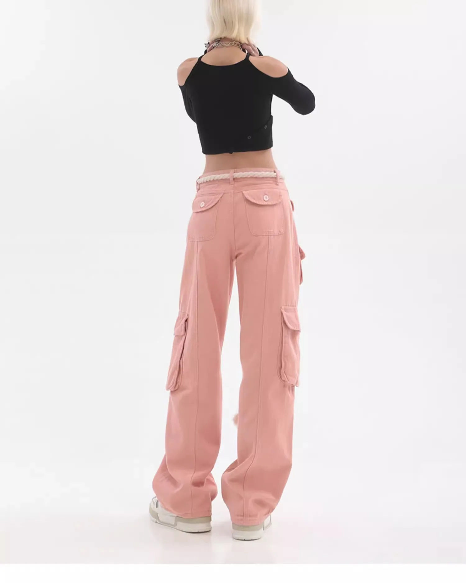 Calça jeans reta de cintura alta feminina, calça rosa cargo casual, perna larga, calça jeans estilo streetwear grunge, Y2K