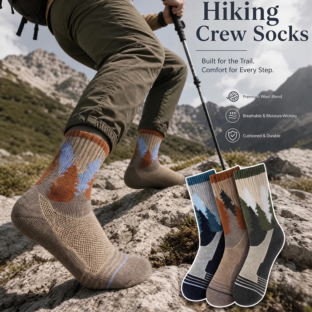 3 Pairs Men Wool Hiking Socks Christmas Tree Pattern Thick Terry Thermal Warm High Elastic Crew Outdoor Trekking Sports Socks