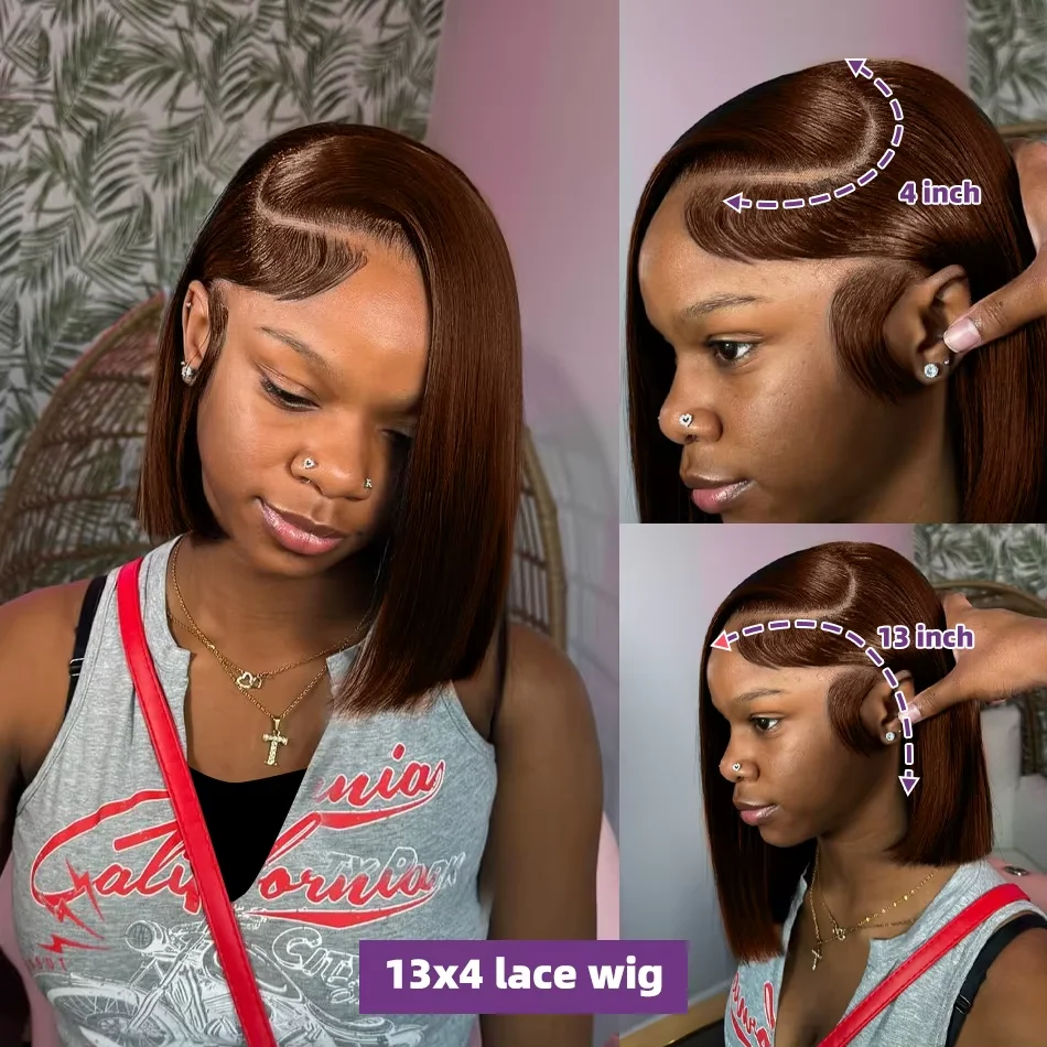 # 4가지 색상의 다크 브라운 220% 스트레이트 밥 가발 13x4 레이스 프론트 가발 멀티 파트 베트남 초콜릿 인모 프리 플러킹