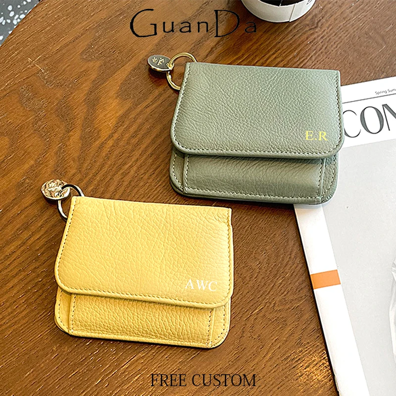 Real Leather Woman Engraving Card Wallet Fashion Simple Classic Coin Purse Custom Initials Lady Casual Cute Wallet DIY Bag Gift