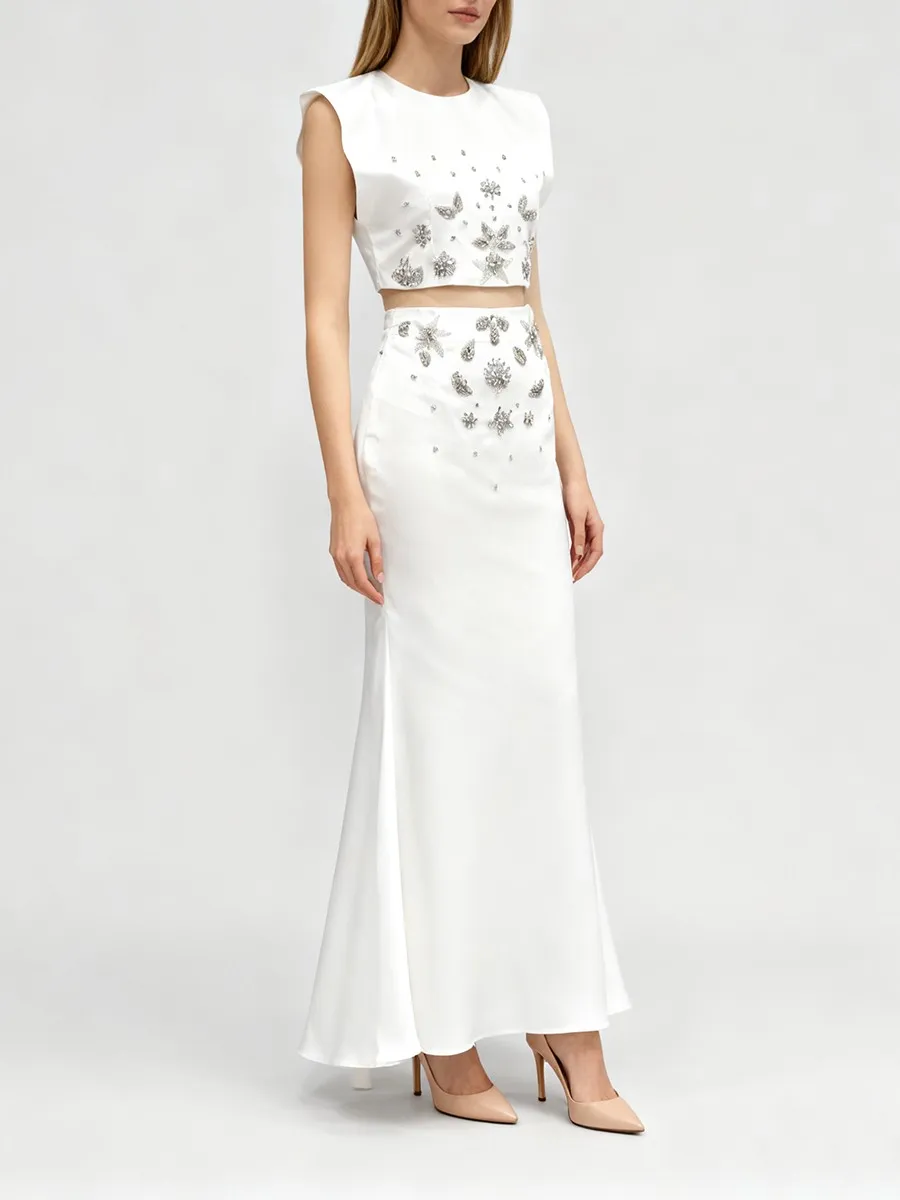 TWOTWINSTYL – ensemble deux pièces amincissant pour femmes, diamants épissés, col rond, gilet sans manches, taille haute, jupe longue, ensemble élégant