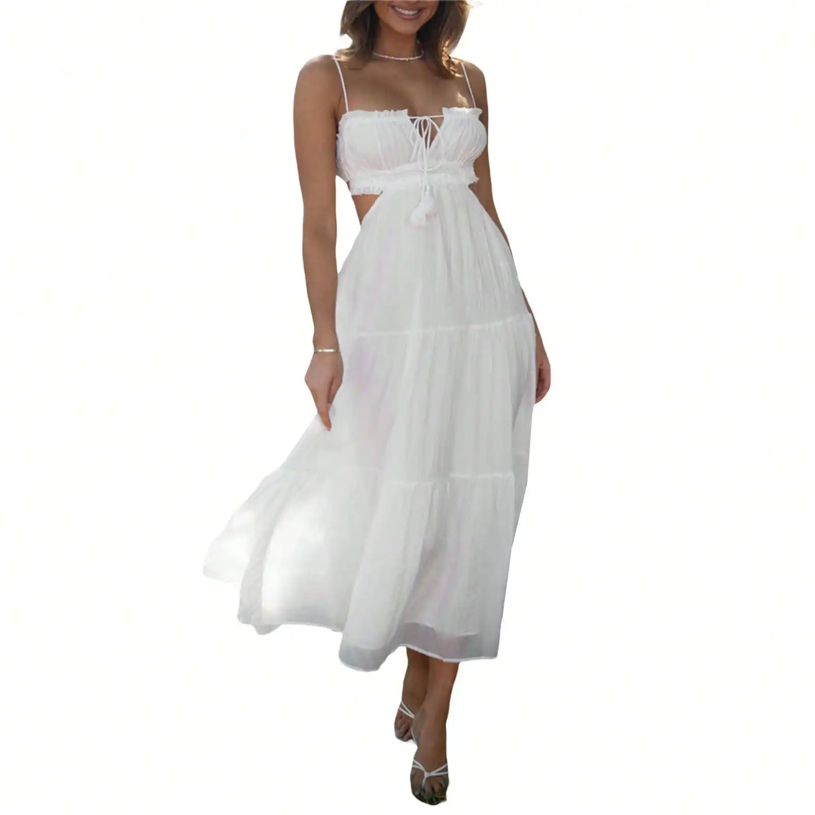 

White Boho Maxi Dress with Spaghetti Straps, Tie-Front Bodice and Tiered Skirt