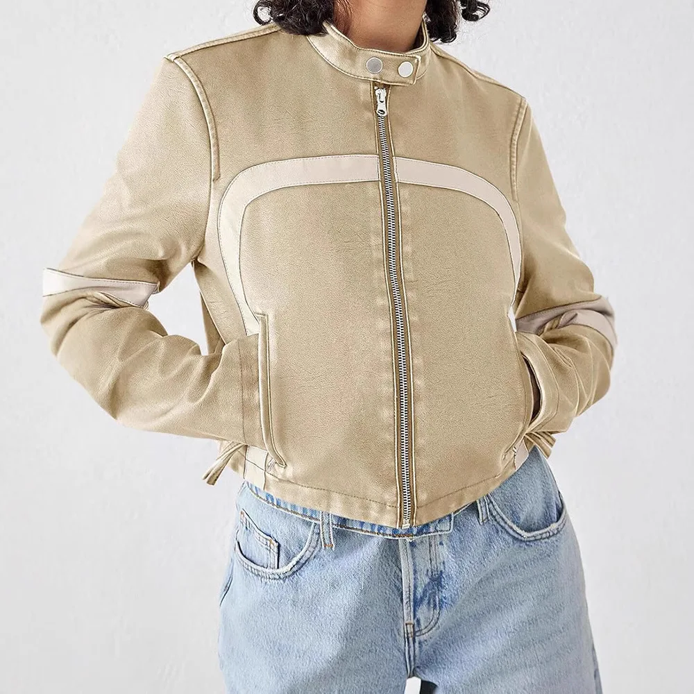 

Женская мотокуртка 2025 года, короткая осенняя куртка из искусственной кожи с цветными блоками в байкерском стиле
