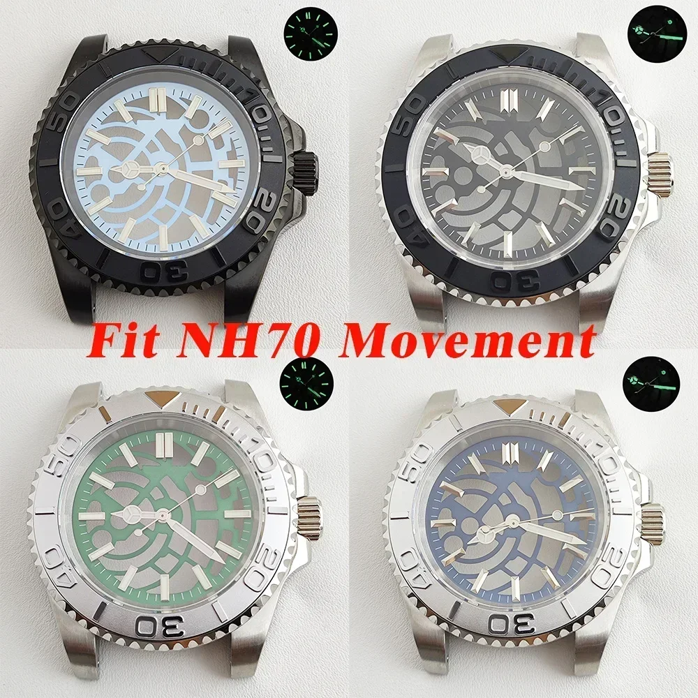 

40mm NH70 Case NH70 Dial Green Luminous Hollow Out Dial Men's Watch Case Stainless Steel Case Sapphire Glass for NH70 Movement