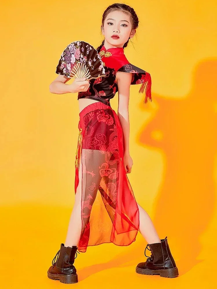 Nieuwe Chinese Stijl Hip Hop Danskleding Voor Meisjes Rode Outfits Jazz Moderne Dans Kostuums Street Dance Rave Kleding