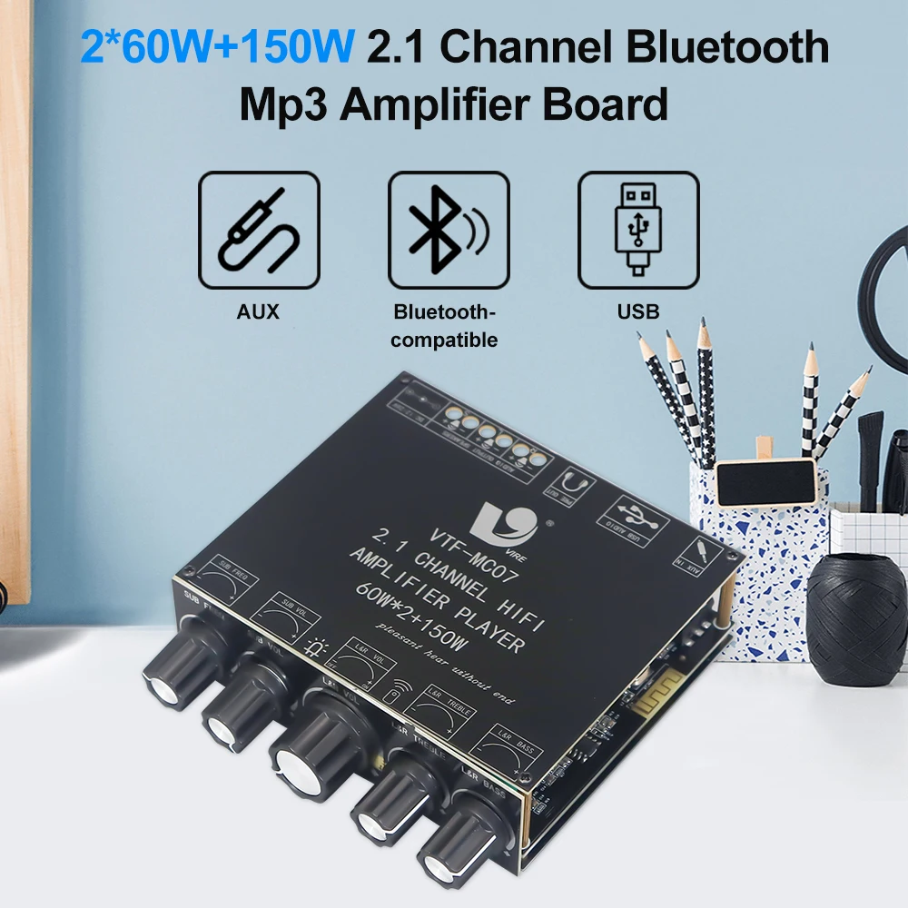 VIRE 2*60W+150W Subwoofer Bluetooth 5.3 Power Amplifier Board USB