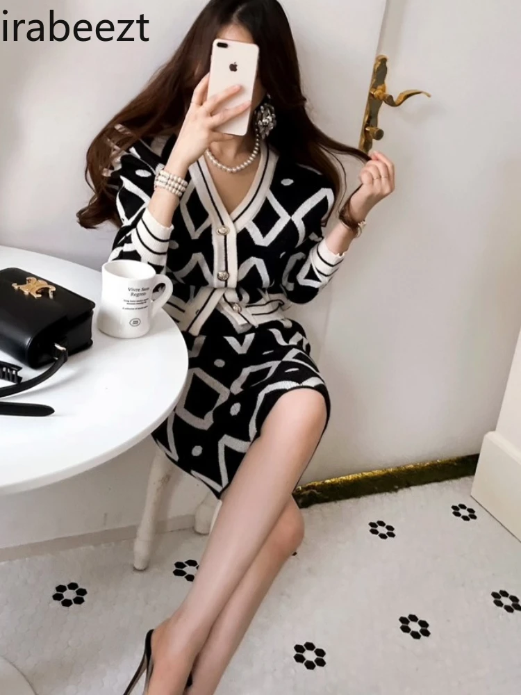 Chinese Chic Little Sweet Knitting Skirt Suit Temperament Cardigan Coat Two-piece Set Outfit Conjunto Saia E Blusa Elegante