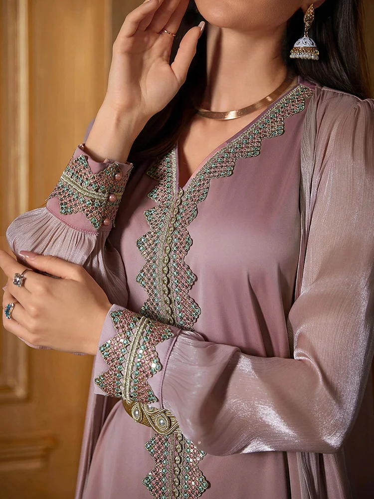 TOLEEN 2024 New Women\'s Luxury Elegant Party Evening Floral Applique Long Sleeve Glamorous Kaftan Jalabiya Arabian ModestDress