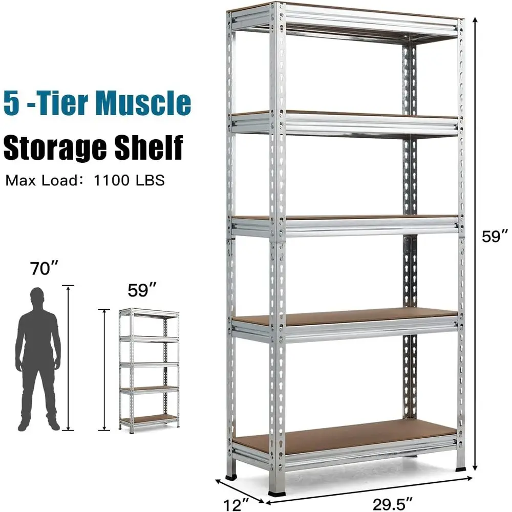60 Heavy-Duty Adjustable Steel 5-Tier Shelving Unit for Commercial Use, Silver