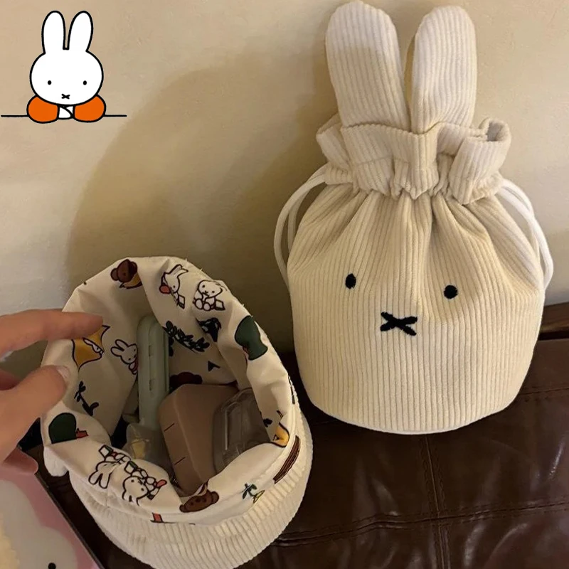 @2026 Miffy Kawaii Bolsa de Veludo Cotelê com Cordão, Portátil, Grande Capacidade, para Armazenamento, Maquiagem e Brinquedos, Presente Fofo