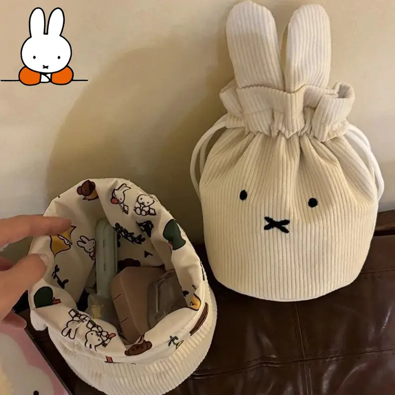 @2026 Miffy Kawaii 코듀로이 번들 포켓 귀여운 휴대용 대용량 보관 가방 메이크업 가방 Drawstring 핸드백 귀여운 선물 장난감