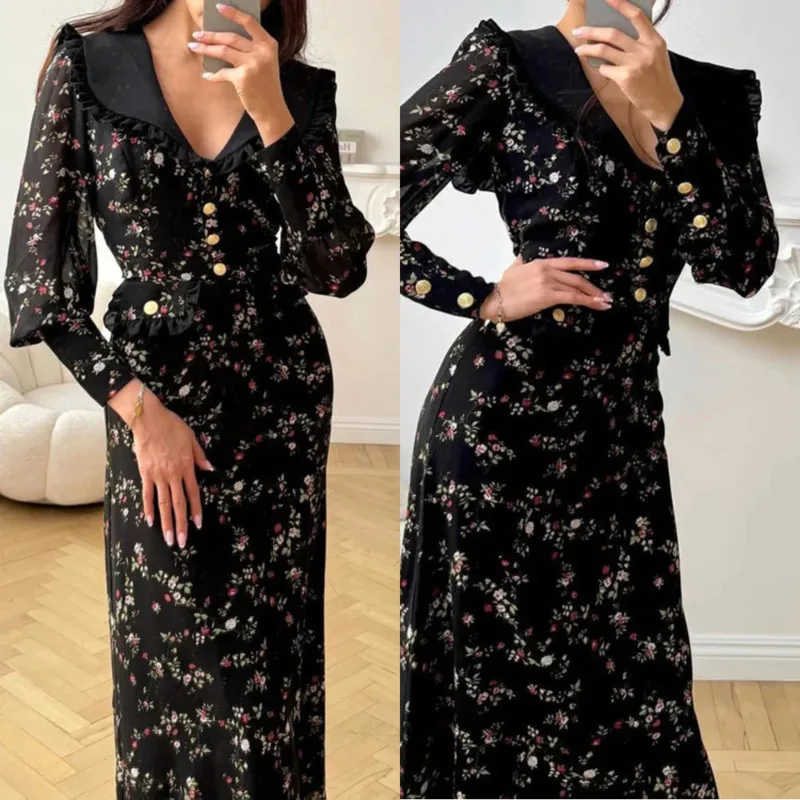 

2025 Elegant Floral Print Long Dress For Women Vintage Lapel Slim Fit Design Ankle-Length Classic Style With Long Sleeves New
