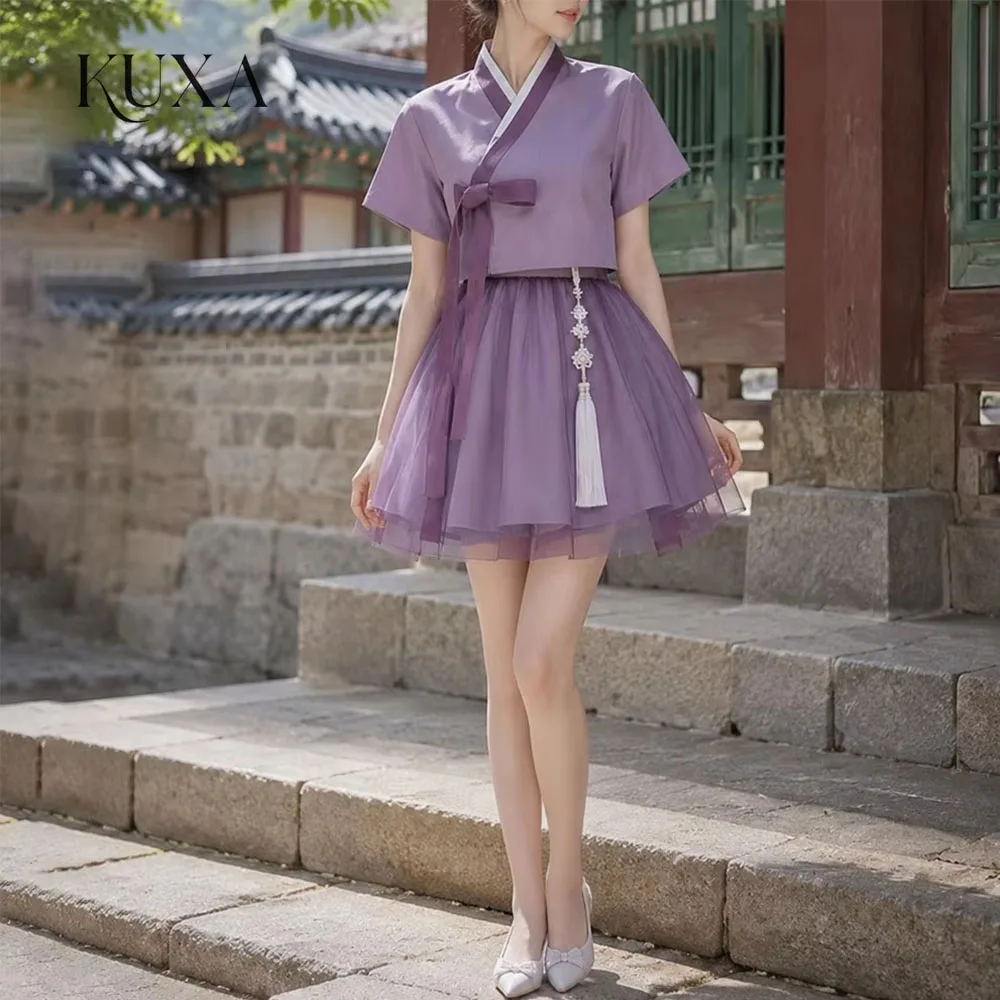 KUXA Lavender Purple Modern Two-Piece Hanbok Set Short Jeogori Top Crossover Neck Multi-Layer Tulle A-Line Customized 웨딩드레스