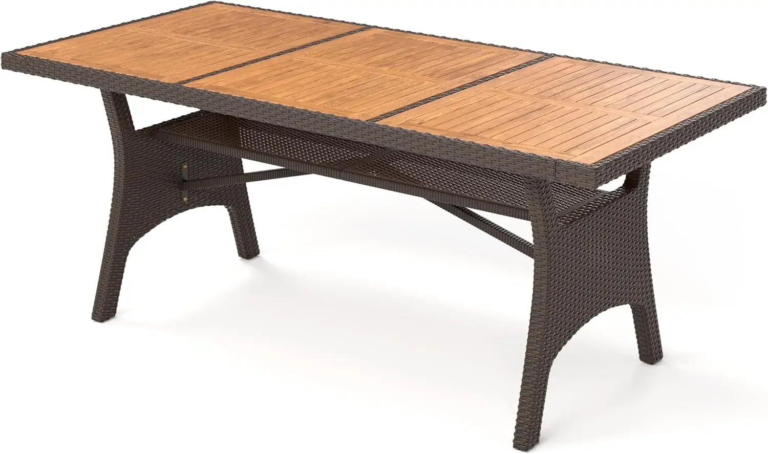 

Acacia Wood Wicker Outdoor Dining Table Metal Legs Adjustable Foot Pads Rectangular For Garden Porch Backyard