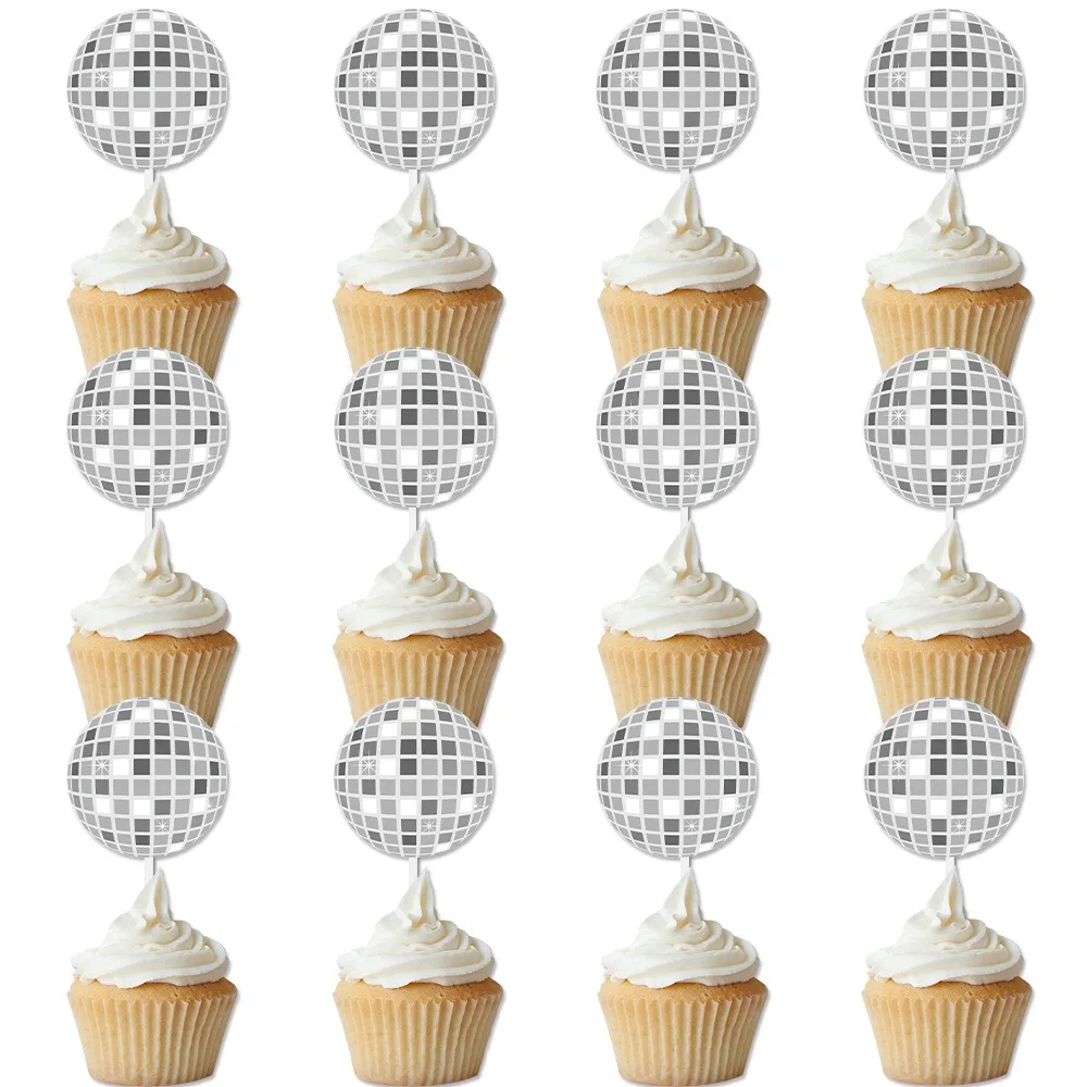 12pcs Mirror Ball Cake Decoration Disco 1970's Retro Dance Disco Silver Cupcake Topper for Night Club Birthday Party Supplies