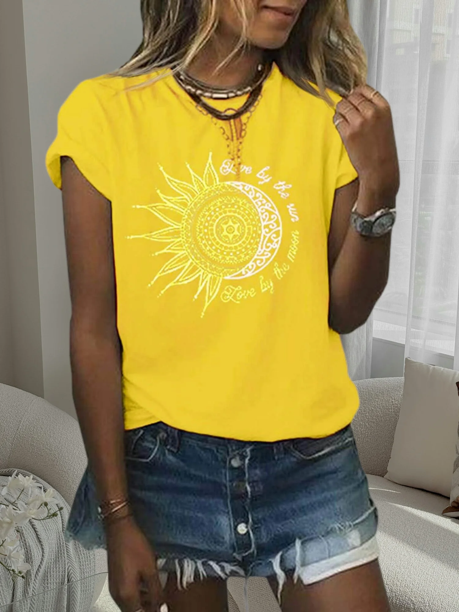 レディース サマー ヴィンテージ サン＆ムーン グラフィック Tシャツ 半袖 カジュアル ルーズ プリント トップス