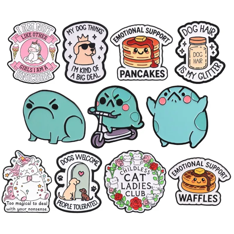 Kawaii Cartoon Animal Badges Dog Unicorn Frog Cat Enamel Pins Emotional Support Pancake Waffle Brooch Accessory Gift