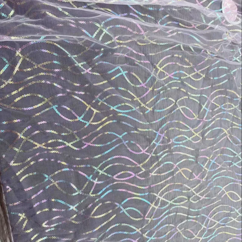 Tela de malla de arcoíris de rayas coloridas con lentejuelas de cadena de estampado en caliente, Material de nailon suave para proyectos de bricolaje de vestidos infantiles