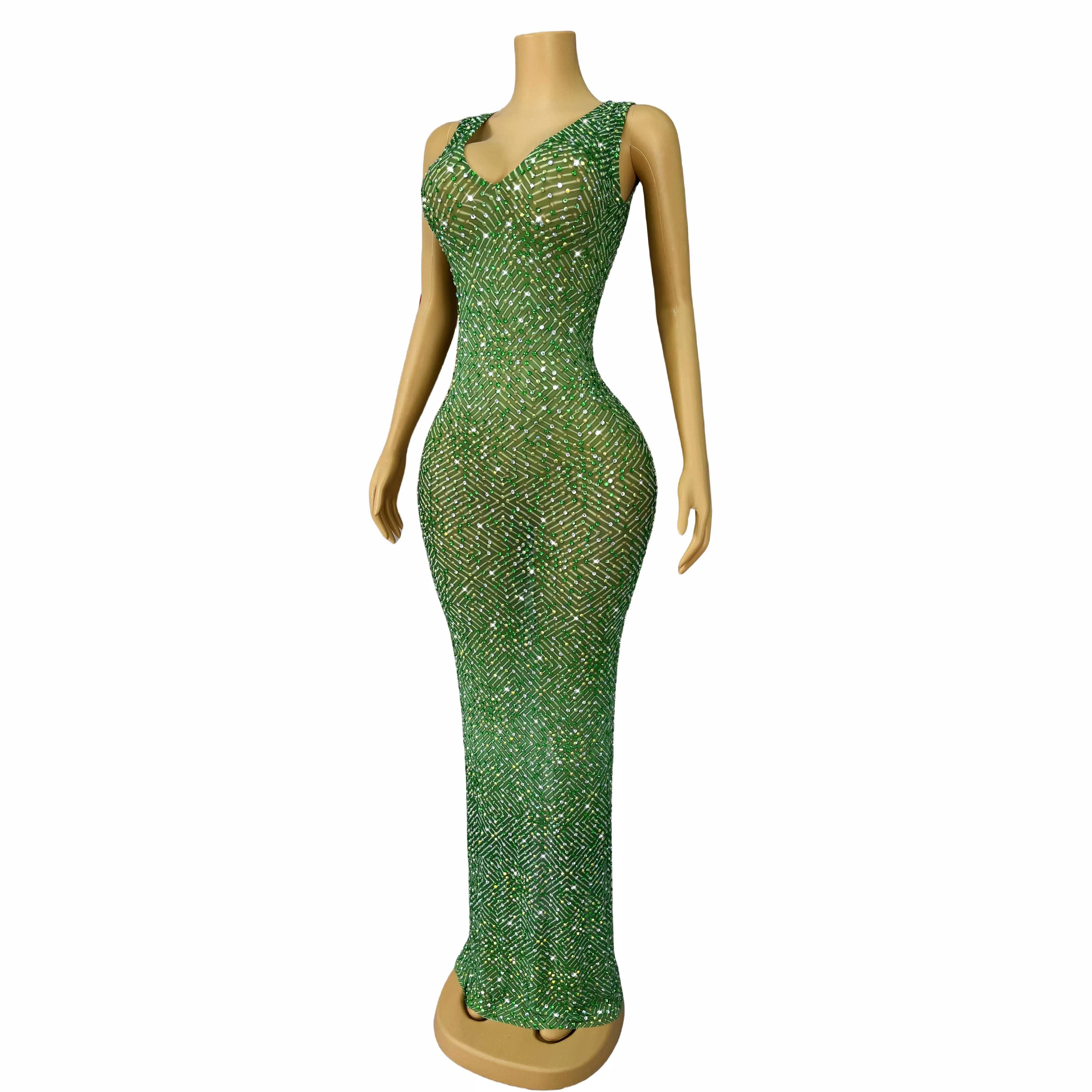 Groene glanzende strass V-hals mouwloze mesh rok dames verjaardagsfeestje prestatie viering outfit stretch kostuum Heshibi