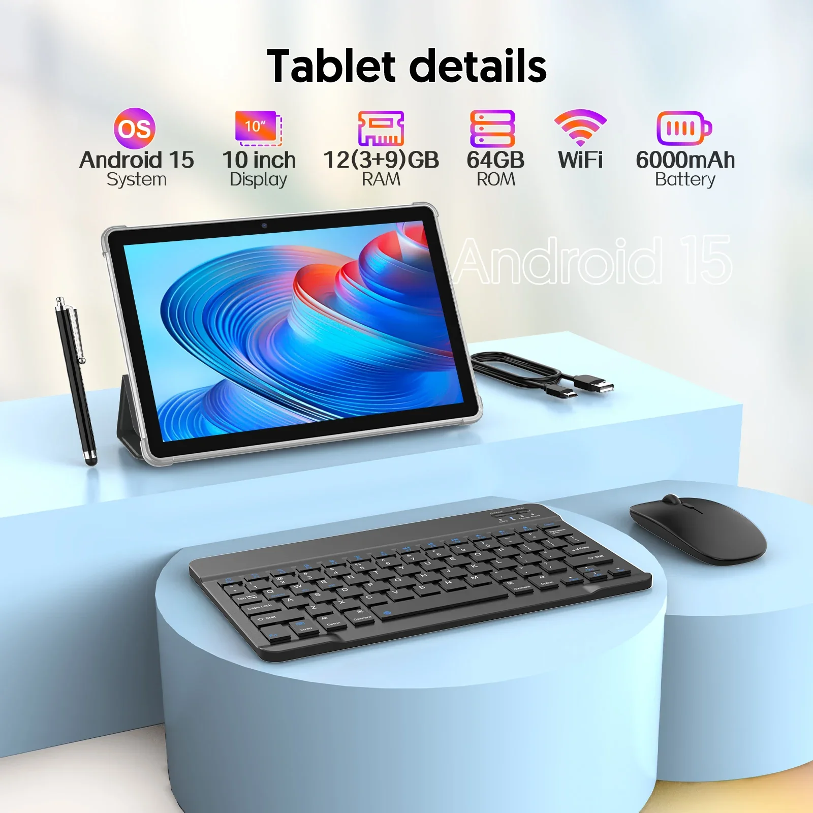 Nueva tableta BAKEN Android 15 de 10 pulgadas con almacenamiento de 64 GB, teclado, funda de cuero, ranura para tarjeta SIM, lápiz óptico, ratón y altavoces duales