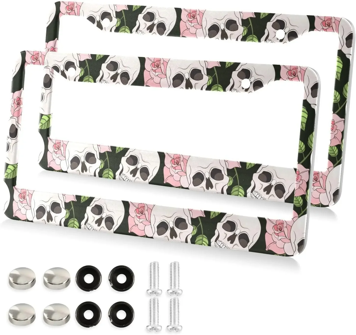 Skulls Pink Floral Pattern Car License Plate Frame 2 Pack License Plate with 2 Holes Car Tag Frame for Women Men US Vehicles